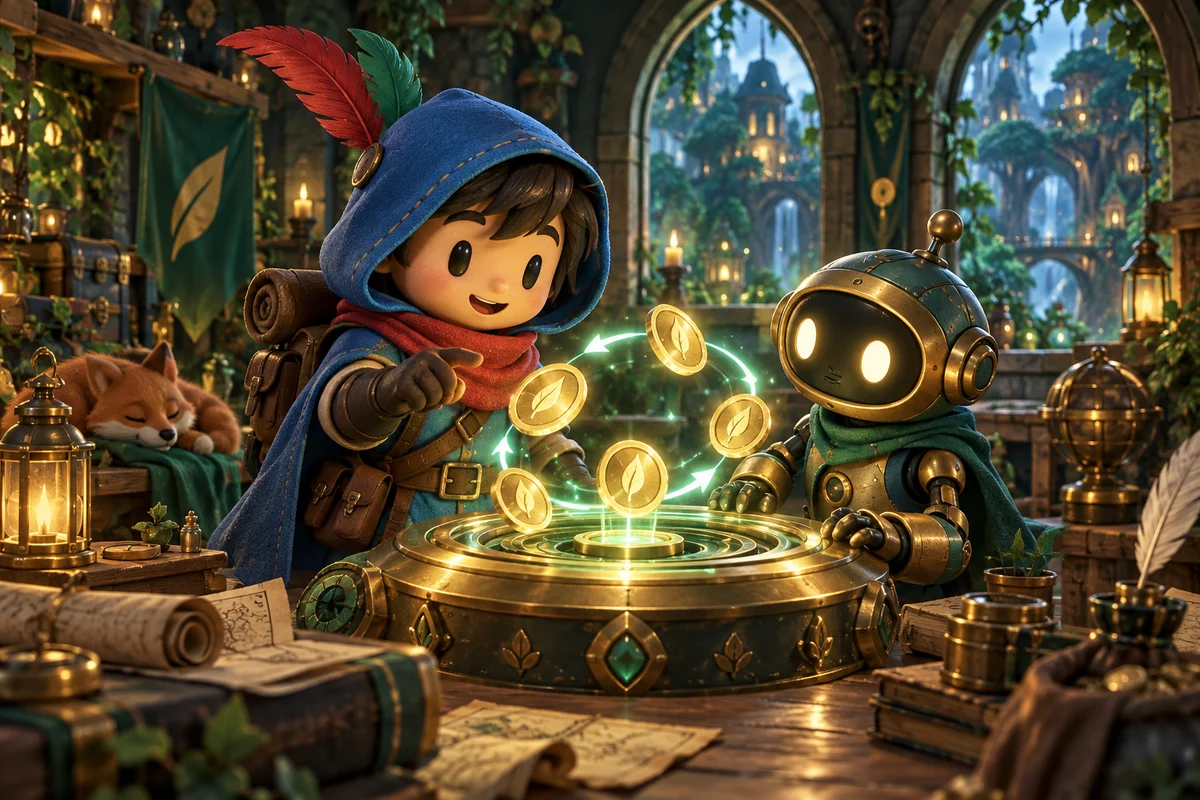 The Launch Club adventurer and a brass robot guide glowing coins around a circular console in an emerald workshop.