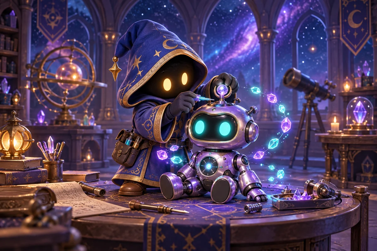 A blue-robed Launch Club wizard builds a violet robot among glowing turquoise crystals in a starlit observatory.