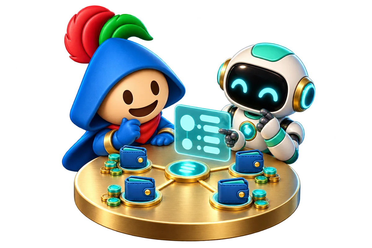 LaunchClub mascot and robot reviewing token allocations across a group of wallets at a planning table.