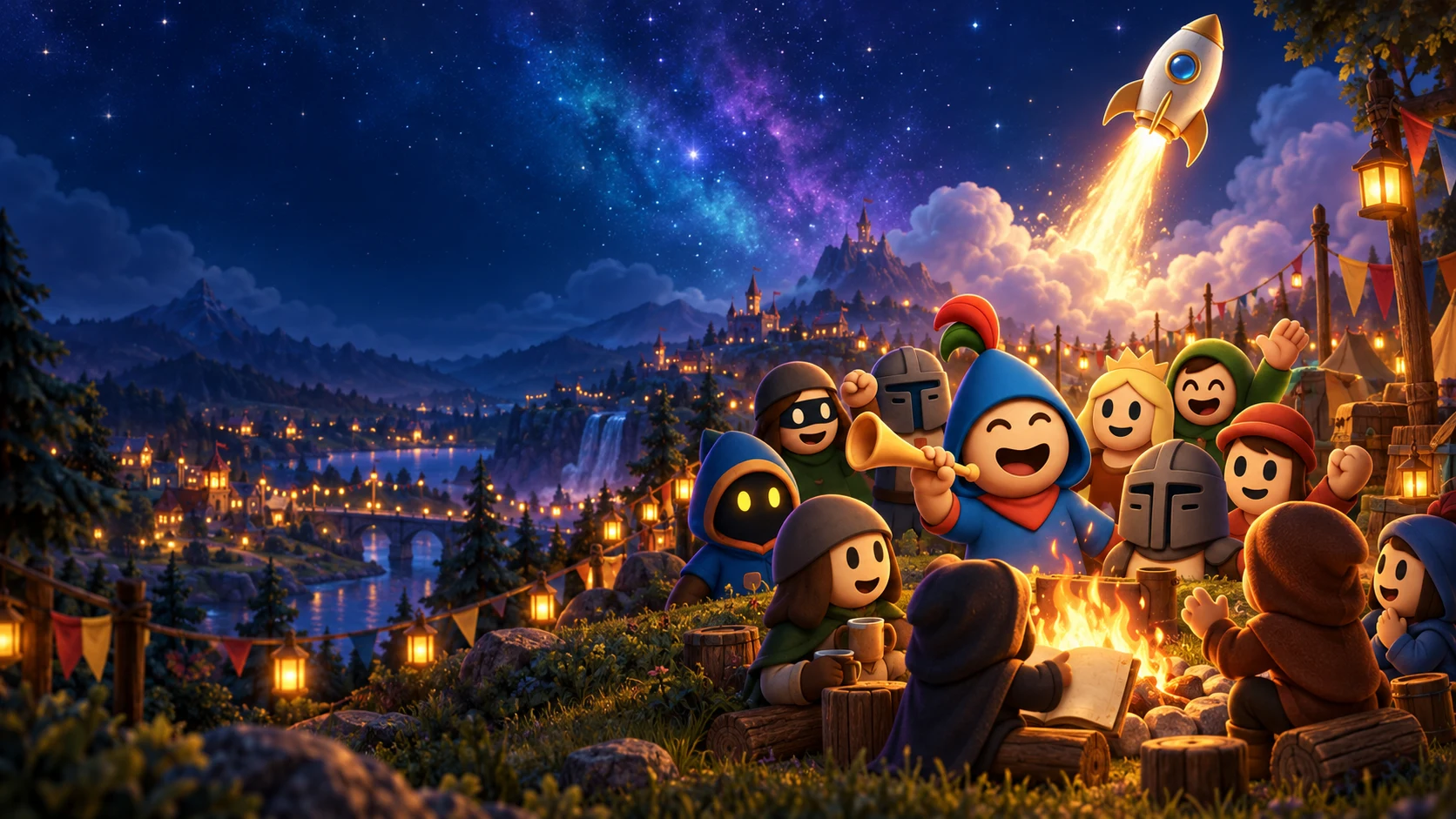 The Launch Club mascot sounds a golden horn as the crew celebrates a rocket launch, while friends share stories around a glowing campfire under the stars.